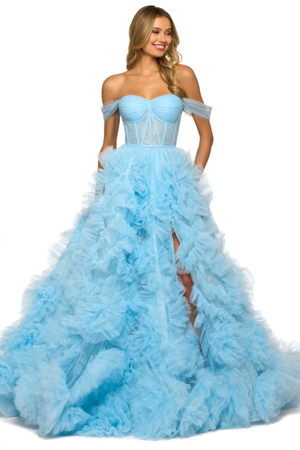 Shop the stunning Sherri Hill 55438 light blue shimmer tulle ballgown at Madeline's. Perfect for a glamorous evening, this long ballgown features an off-the-shoulder style, corset bodice, high slit, and ruffle skirt. Make a statement at your next special occasion in this elegant dress.