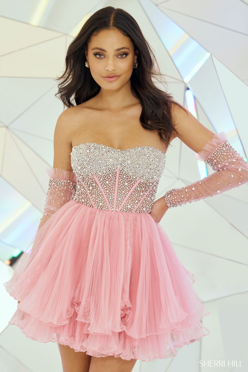 SHERRI HILL 55748 Chic Strapless Cocktail Dress with Pearl Embellishments - A stylish strapless cocktail dress featuring a sheer corset with delicate pearl embellishments, pleated organza ruffle skirt, and removable pearl sleeves for a versatile and trendy look.