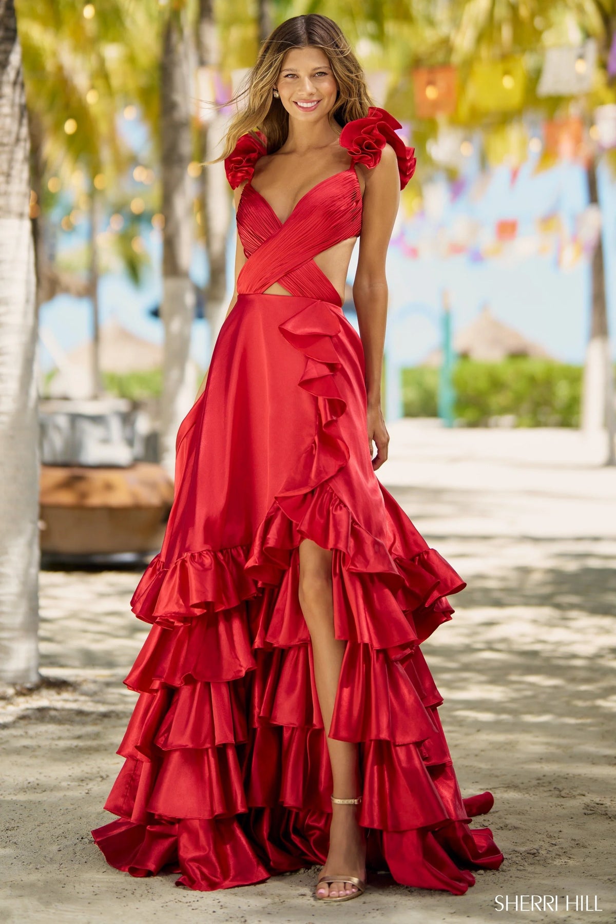 SHERRI HILL - 56057 - Ruffled Cutout High-Low Gown SHERRI HILL - 56057 - Ruffled Cutout High-Low Gown