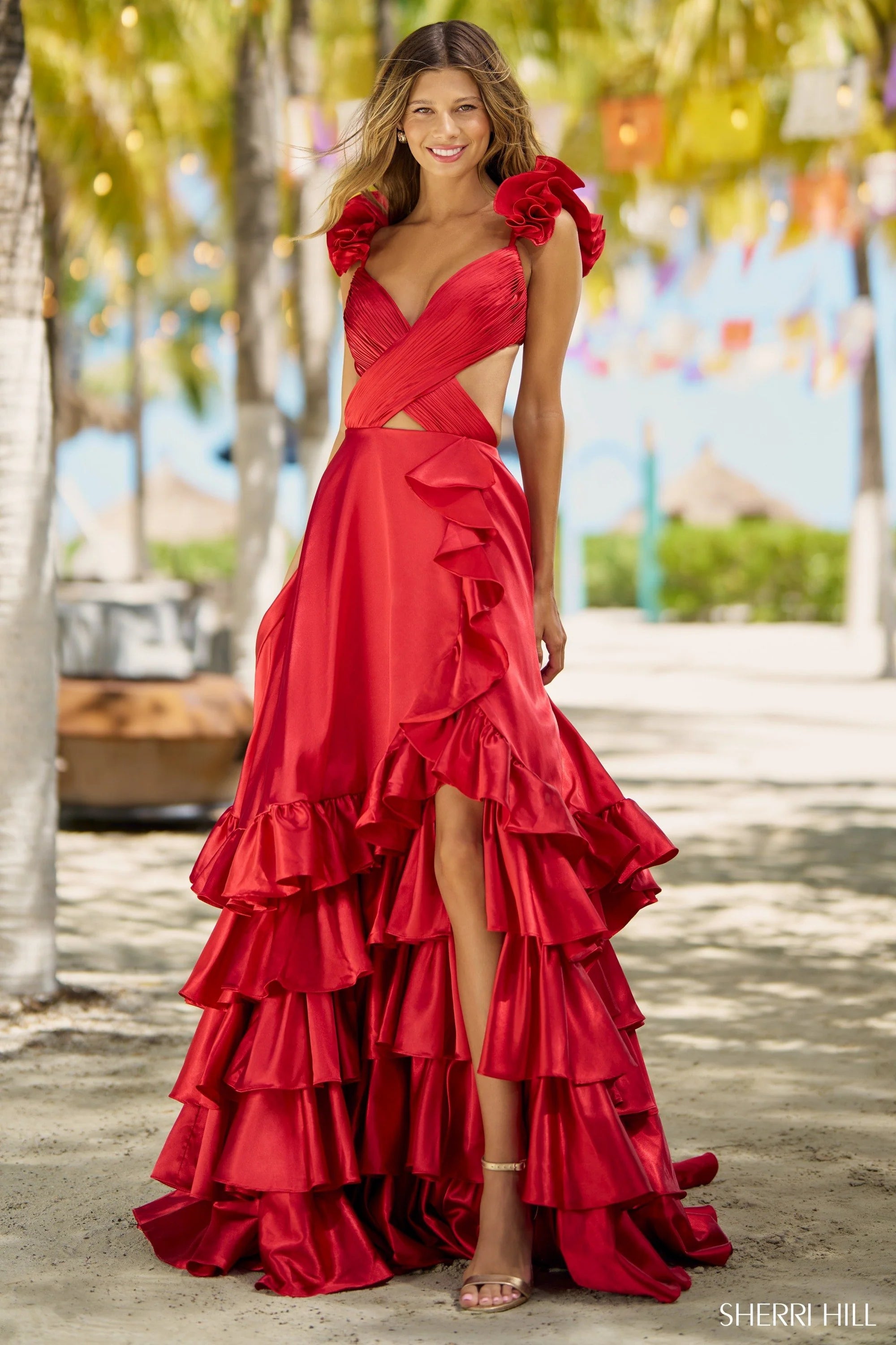Sherri Hill - 56057 - Ruffled Cutout High-Low Gown Black / 6 Sherri Hill - 56057 - Ruffled Cutout High-Low Gown Black / 6
