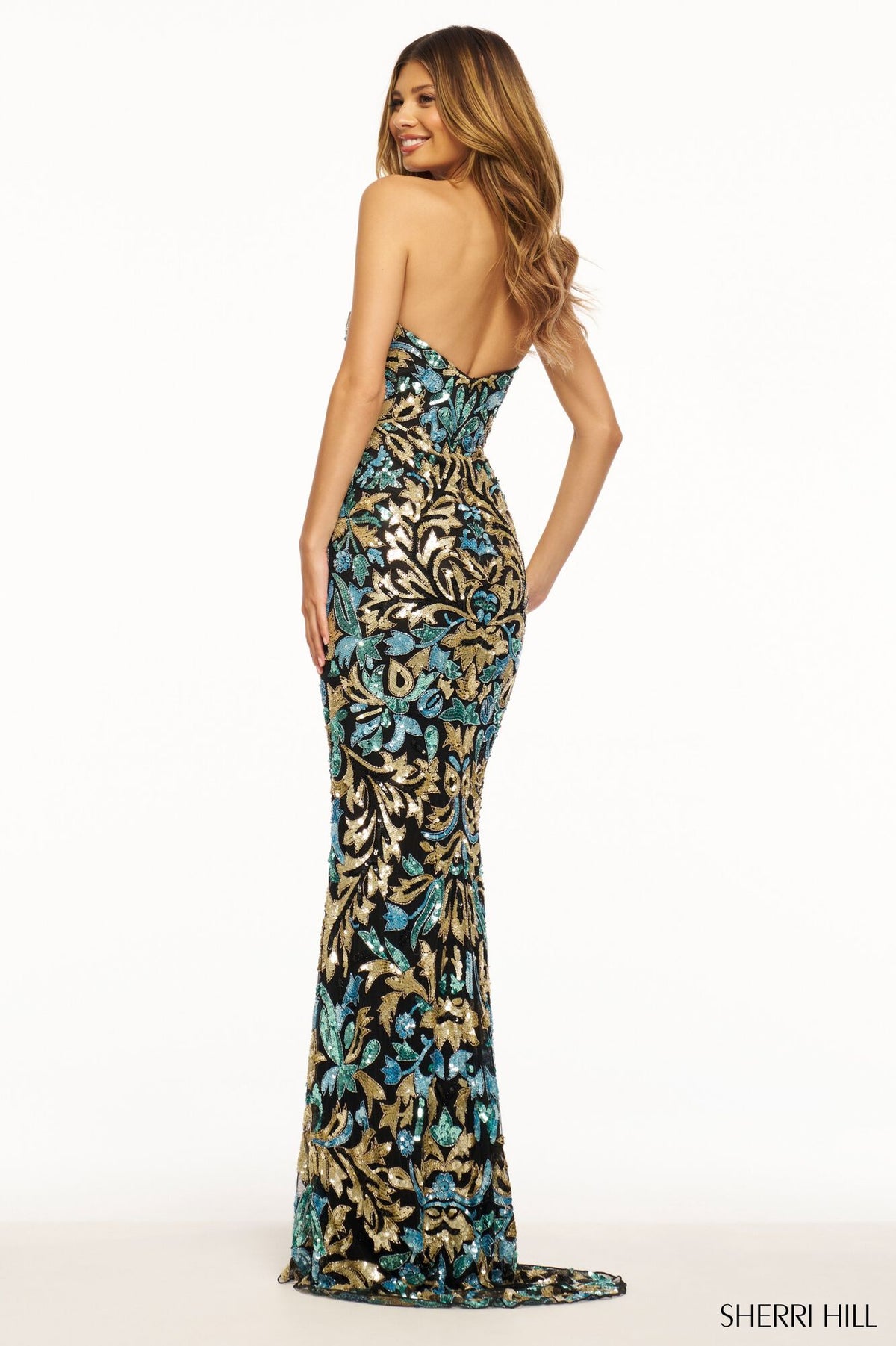 SHERRI HILL 56080 - A stunning strapless beaded gown with a sweetheart neckline, perfect for a glamorous and romantic look at prom or evening events.  Back view of the dress.