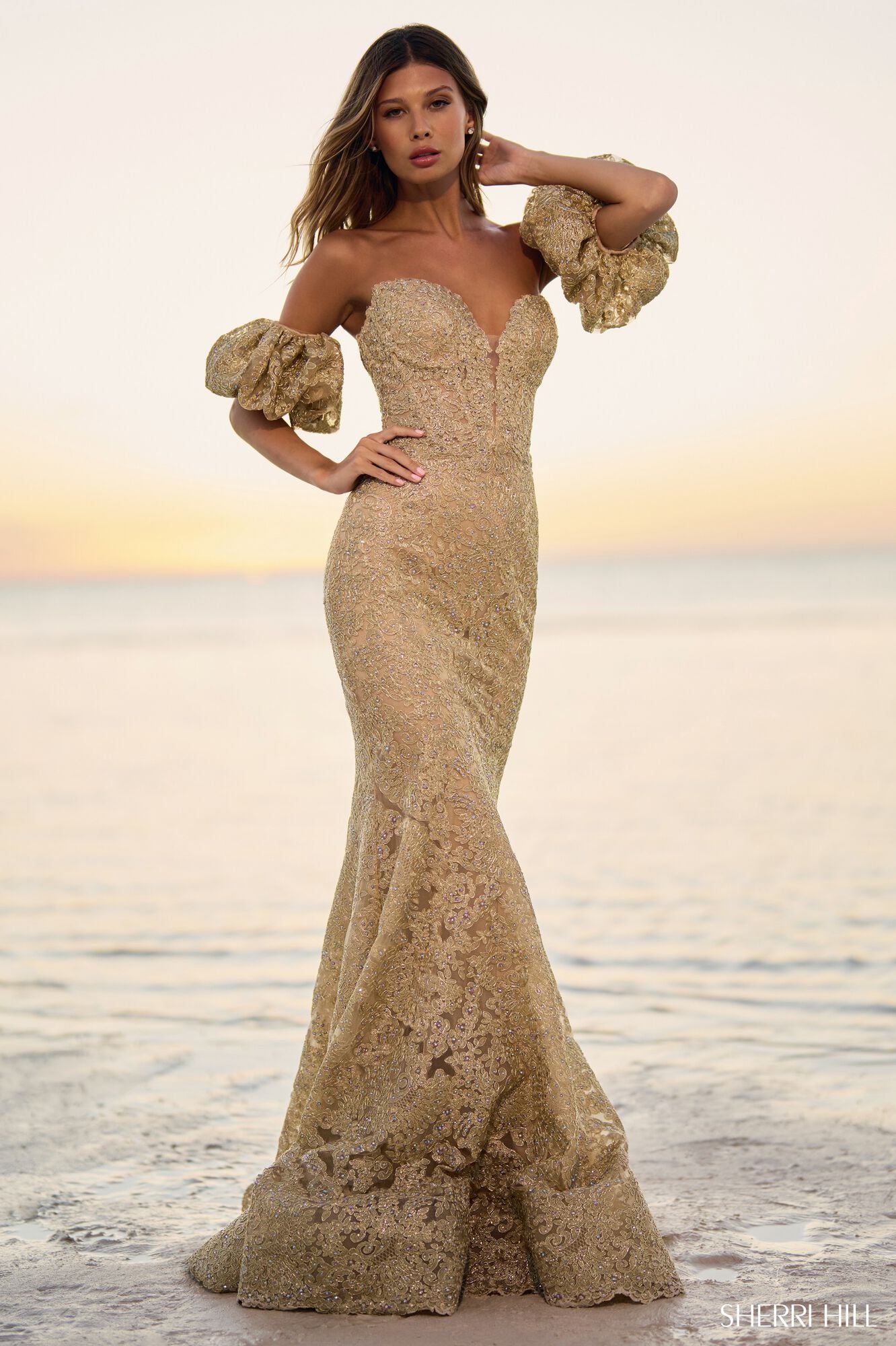 SHERRI HILL- 56121 - Metallic Lace Gown with Balloon Sleeves SHERRI HILL- 56121 - Metallic Lace Gown with Balloon Sleeves