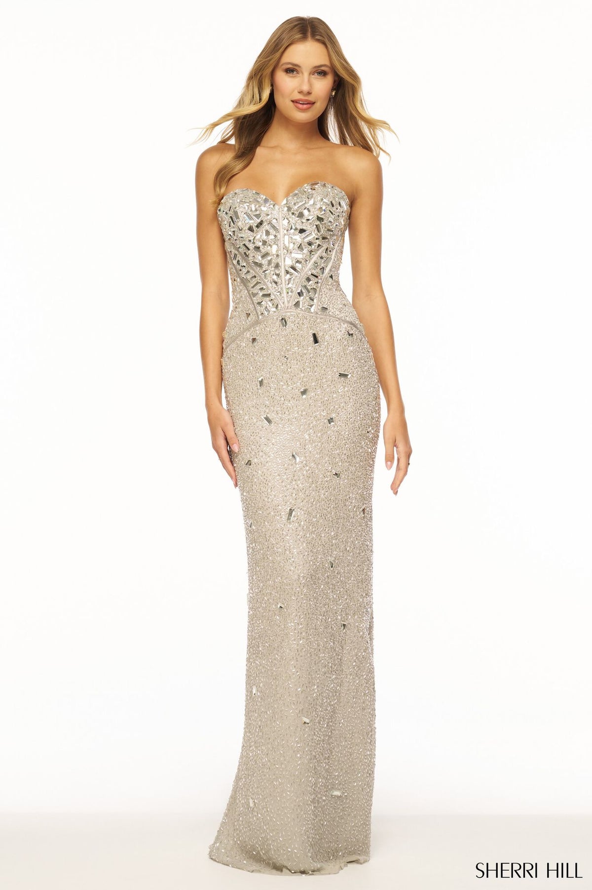 Sherri Hill 56175 Stunning Strapless Liquid Beaded Formal Evening Gown - A breathtaking gown featuring a strapless design, fitted silhouette, and exquisite cut glass embellishments on a liquid beaded fabric.  Front View