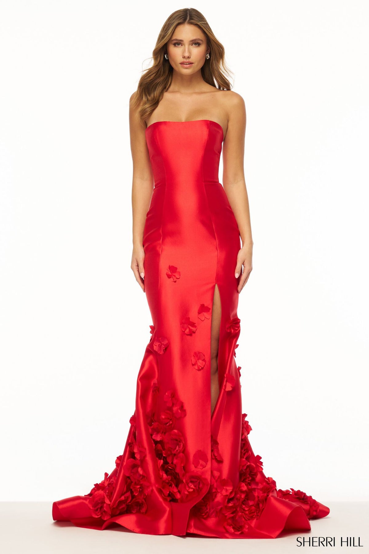 Sherri Hill 56235 Strapless Mikado Prom Gown with 3D Flowers - An elegant prom gown featuring a strapless mikado design, 3D flower embellishments, and a skirt slit for a luxurious and romantic look.