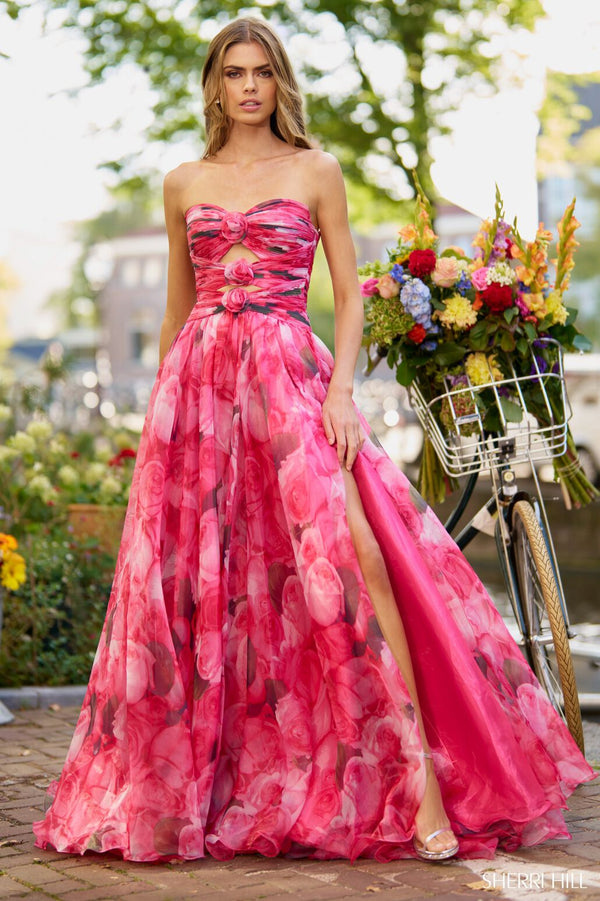 Sherri Hill 56241: Enchanting strapless floral A-line gown with rosette embellishments and strategic keyholes.