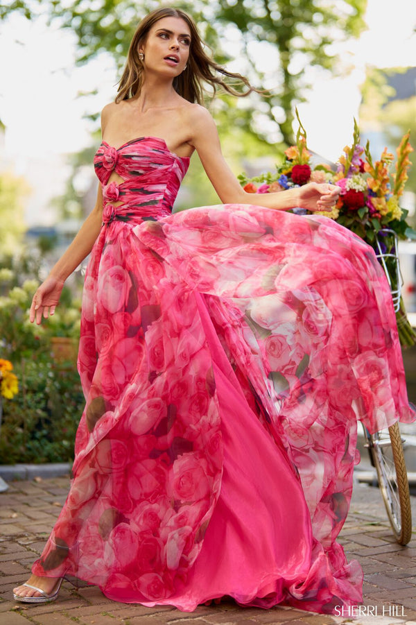 Sherri Hill 56241: Enchanting strapless floral A-line gown with rosette embellishments and strategic keyholes.