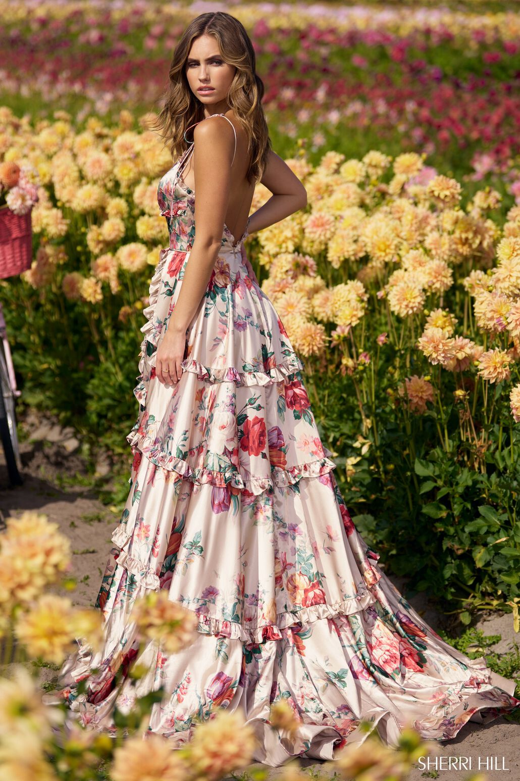 sherri hill satin chiffon ruffle prom dress 56228 Sherri Hill 56228