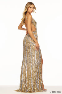 Sherri Hill 56316 Sequinned Gown with Deep V Neckline and High Slit - A stunning sequinned gown featuring a deep V neckline, open back, and high slit for a glamorous and sophisticated look. Perfect for prom or formal evening events.