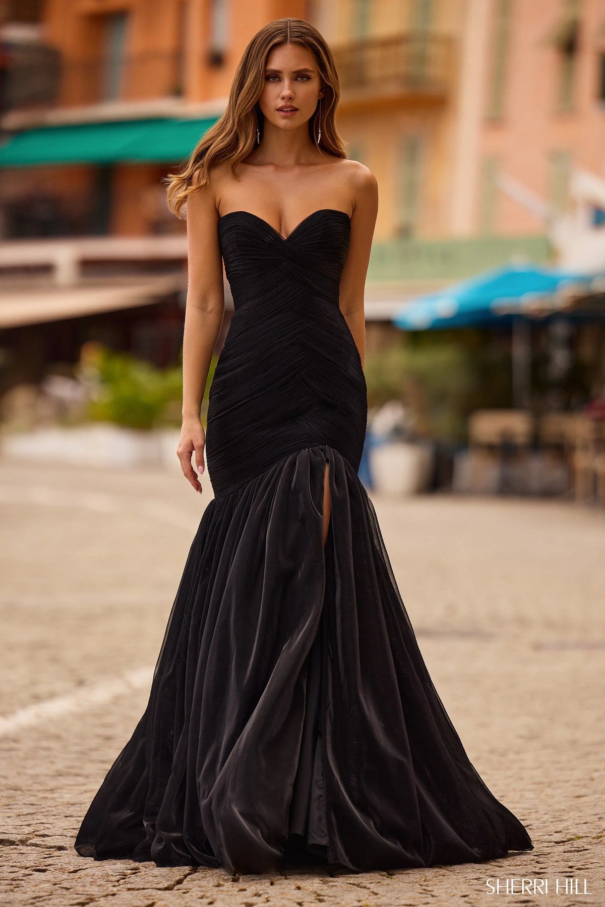 Sherri Hill - 57074 - Strapless Mermaid Metallic Mesh Gown with Skirt Slit Sherri Hill - 57074 - Strapless Mermaid Metallic Mesh Gown with Skirt Slit