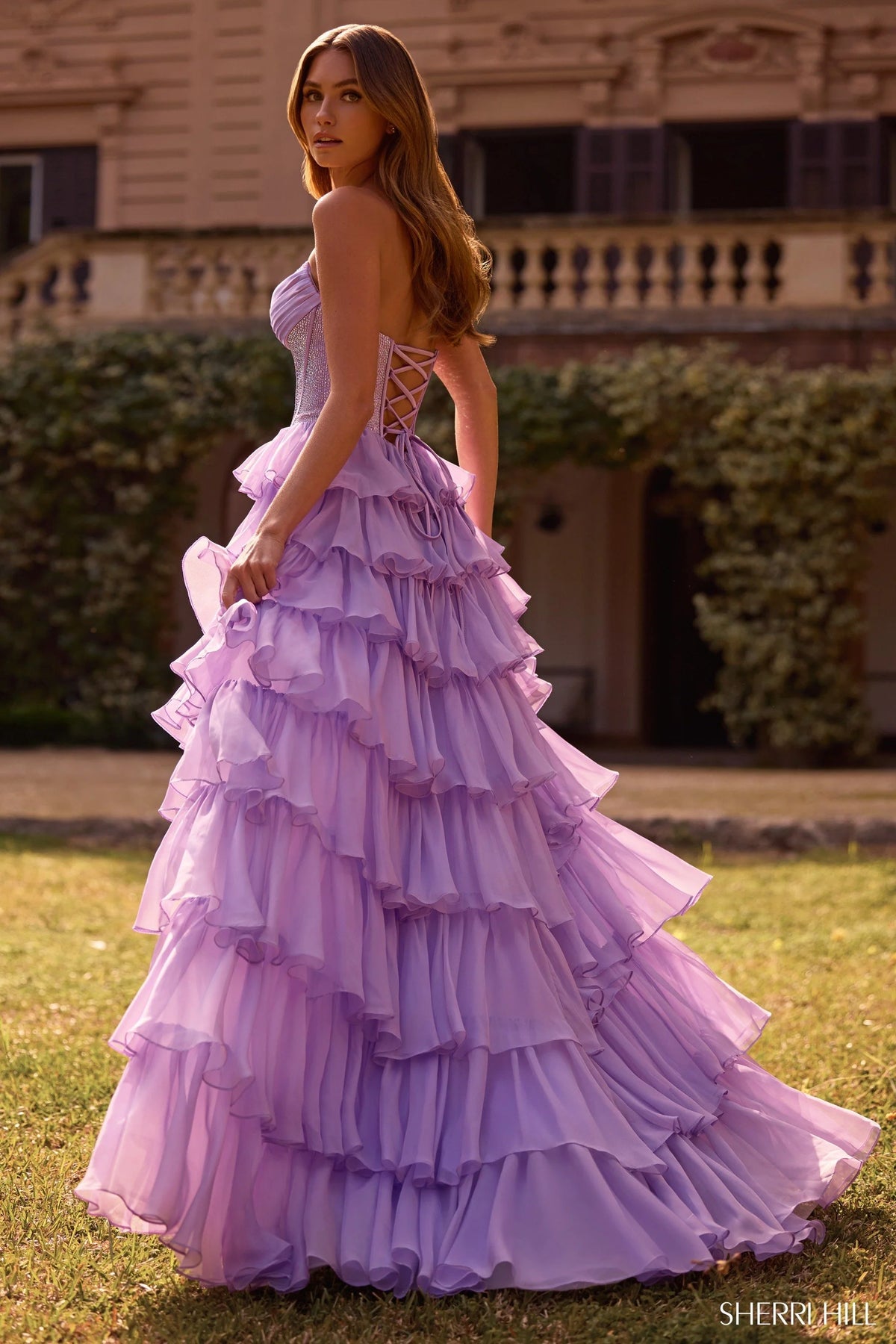 Sherri Hill - 57288 - Strapless Tiered Ruffle Gown with Corset Back Pink / 000 Sherri Hill - 57288 - Strapless Tiered Ruffle Gown with Corset Back Pink / 000