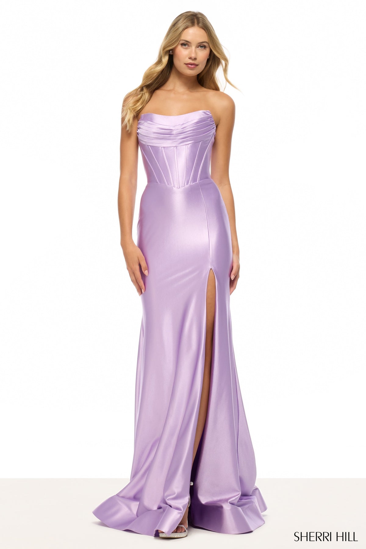 Sherri Hill - 57412 - Strapless Draped Corset Gown with High Slit Madeline's Boutique Boca Raton Sherri Hill - 57412 - Strapless Draped Corset Gown with High Slit Madeline's Boutique Boca Raton