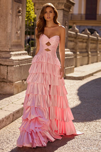 Model wearing Sherri Hill 57416 strapless ruffle gown with keyhole bodice, slit skirt, and lace-up back design.