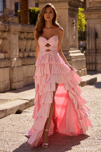 Model wearing Sherri Hill 57416 strapless ruffle gown with keyhole bodice, slit skirt, and lace-up back design.