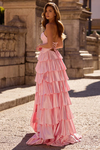 Model wearing Sherri Hill 57416 strapless ruffle gown with keyhole bodice, slit skirt, and lace-up back design.