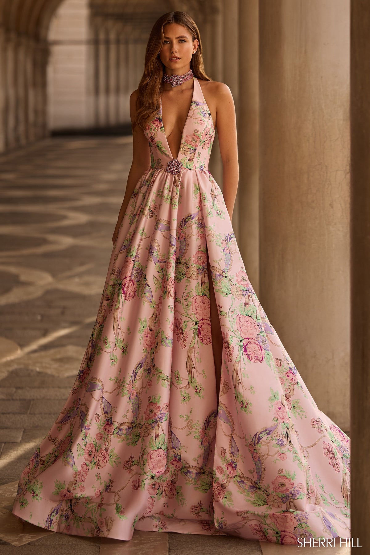 Sherri Hill - 57600 - Halter Floral Print Gown with Slit