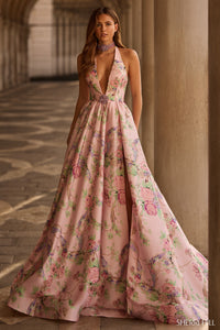 Sherri Hill - 57600 - Halter Floral Print Gown with Slit