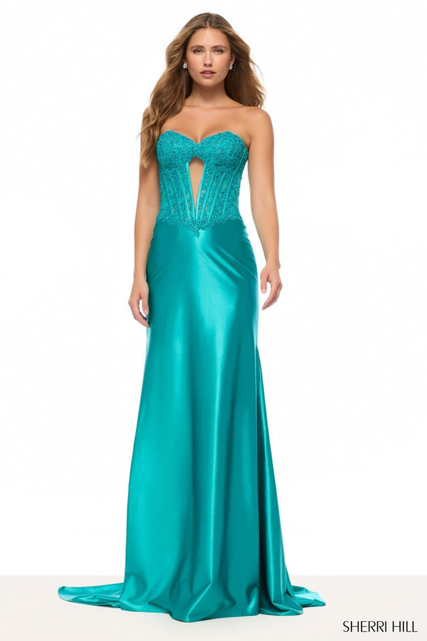 Teal evening gown with a corset-style top on a white background, featuring the Sherri Hill brand.
