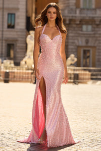 Sherri Hill - 58005 - Halter Corset Gown with Pearl & Hot Fix Detail