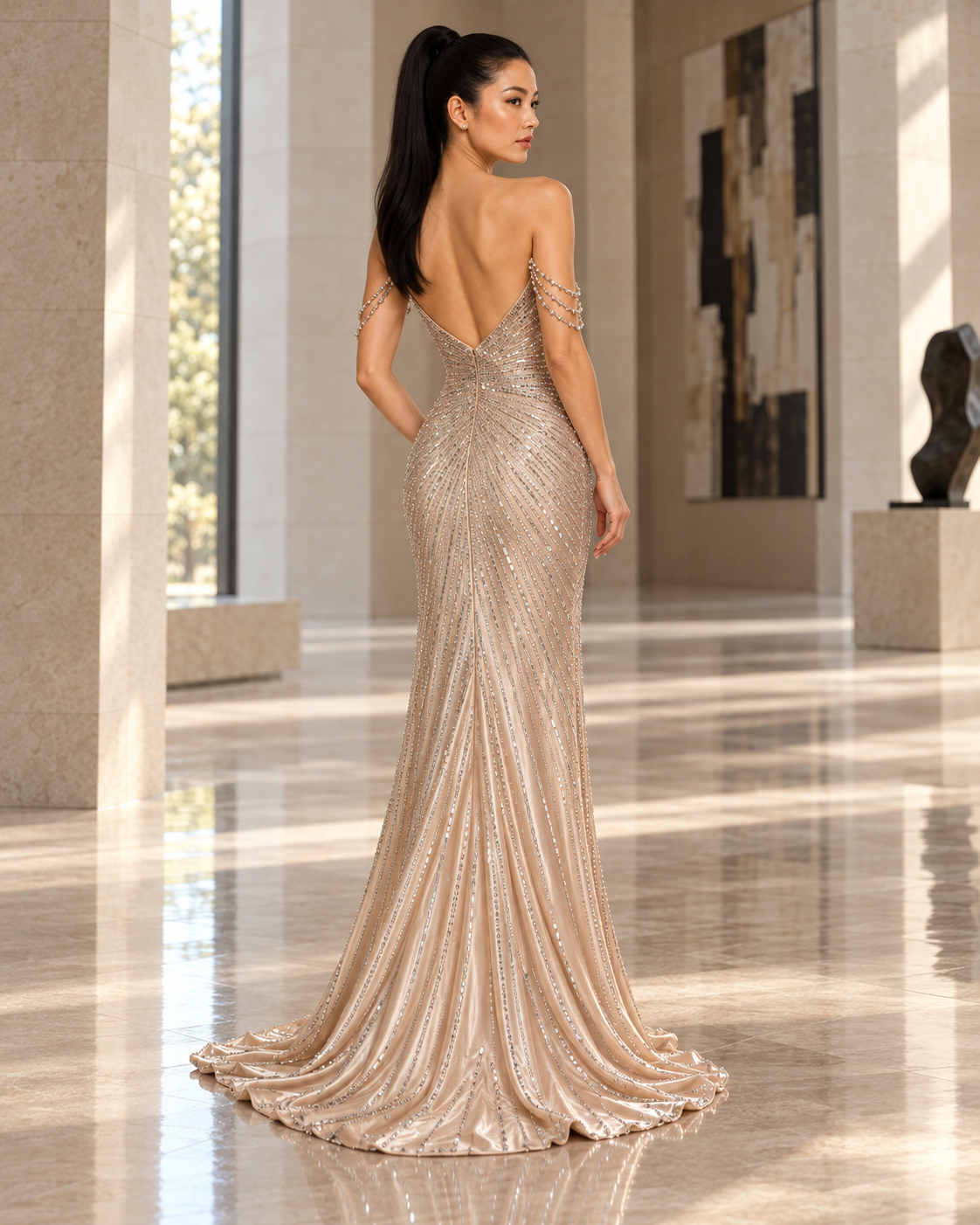 Sherri Hill 58213 fitted gown featuring a plunging V-neckline, crystal-draped off-the-shoulder straps, radiant embellishments, and a thigh-high slit.  Front view of model wearing it in the color nude.
