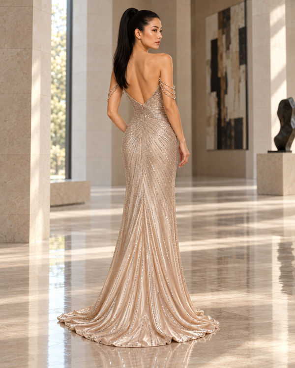 Sherri Hill 58213 fitted gown featuring a plunging V-neckline, crystal-draped off-the-shoulder straps, radiant embellishments, and a thigh-high slit.  Front view of model wearing it in the color nude.