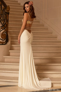 Model wearing Sherri Hill 58289 beaded cutout column evening gown with fitted silhouette and embellished bodice.