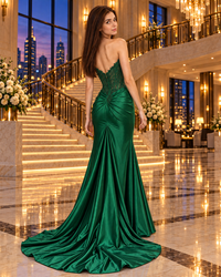 A woman stands in a grand hotel lobby wearing a floor-length emerald green satin gown with a lace bodice, draped train, and backless neckline. The background features a large illuminated staircase, chandeliers, and city skyline windows at dusk.