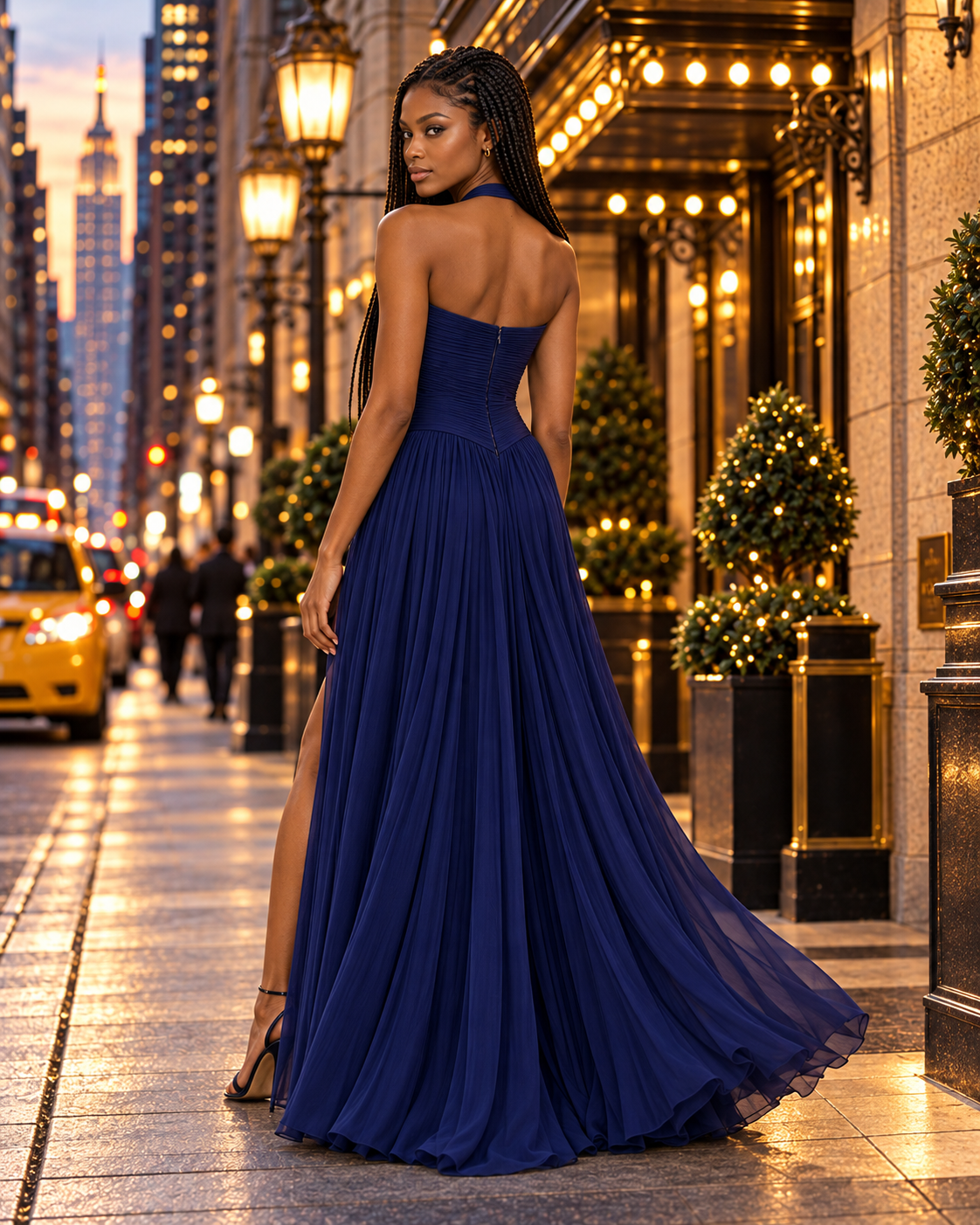 A woman stands on a city street at dusk wearing a strapless royal blue floor-length gown with a high slit and flowing skirt. The background shows illuminated building architecture, street lamps, and blurred city lights.