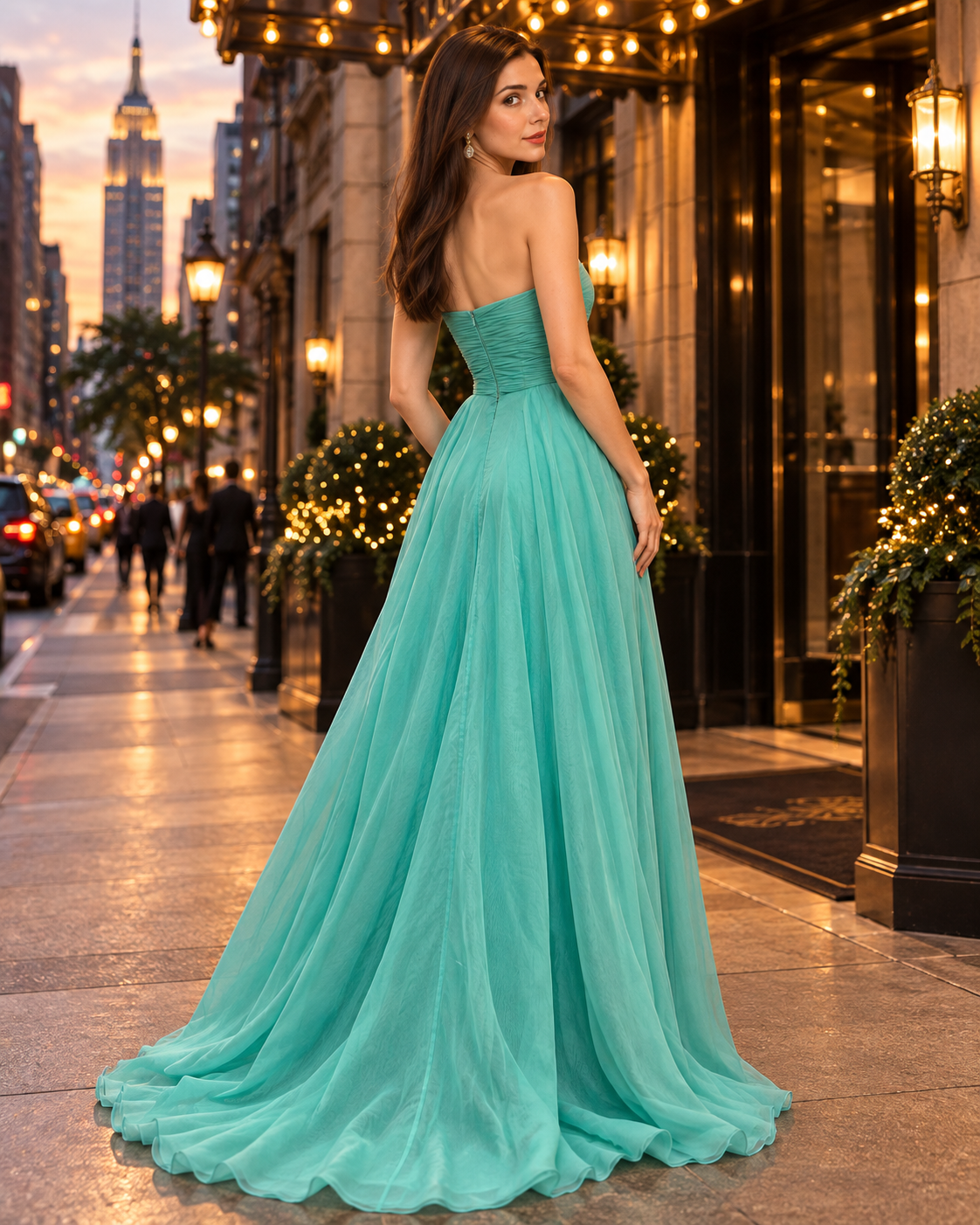 A woman stands on a city sidewalk at dusk wearing a strapless turquoise A-line evening gown with a fitted bodice and full flowing skirt. The background shows illuminated building entrances, warm string lights, and blurred pedestrians.
