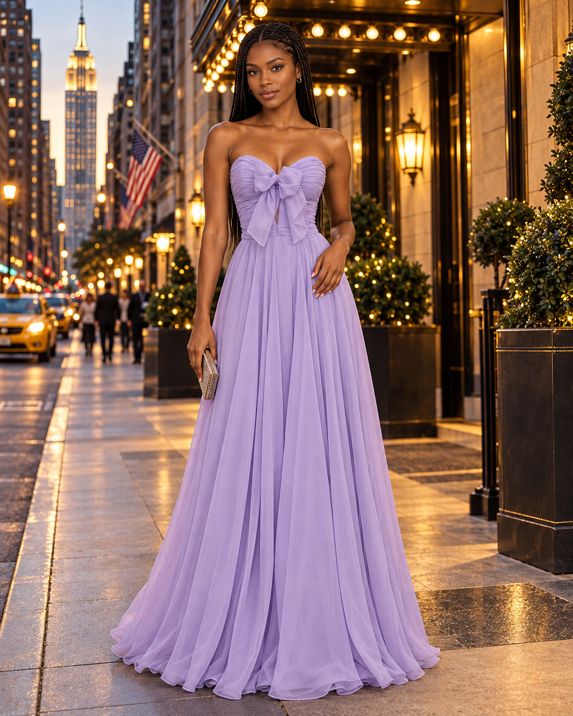 A woman stands on a city sidewalk at dusk wearing a strapless lilac color formal gown with a large bow at the bust and a flowing floor-length skirt. The background shows illuminated hotel architecture, street lamps, pedestrians, and a yellow cab.