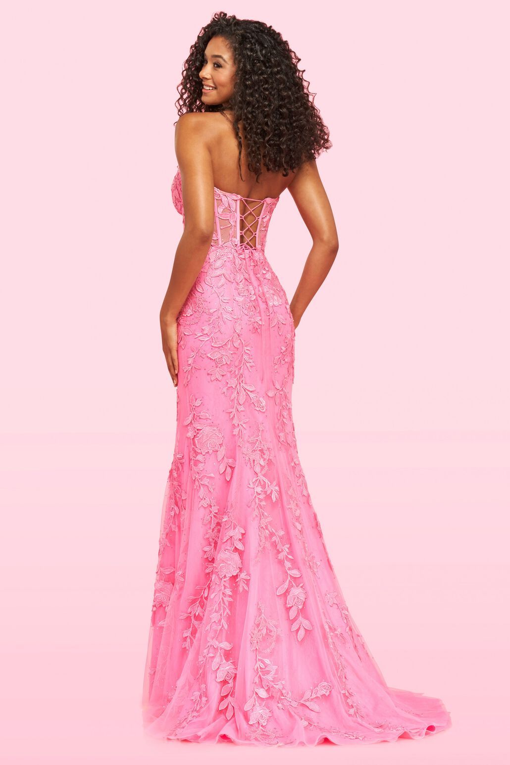 Sherri Hill leaf lace embroidered gown style 54227 - Fitted gown with corset top, lace-up back, and sweetheart neckline. Perfect for prom and special occasions.