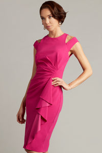 Stunning Tadashi Shoji BOS21029M Textured Crepe Dress in Hibiscus color, available at Madeline's Boutique in Toronto and Boca Raton. Perfect for any occasion, this body-skimming dress features shoulder cut-outs and minimalist cascading ruffle draping. Shop now and embrace effortless style!