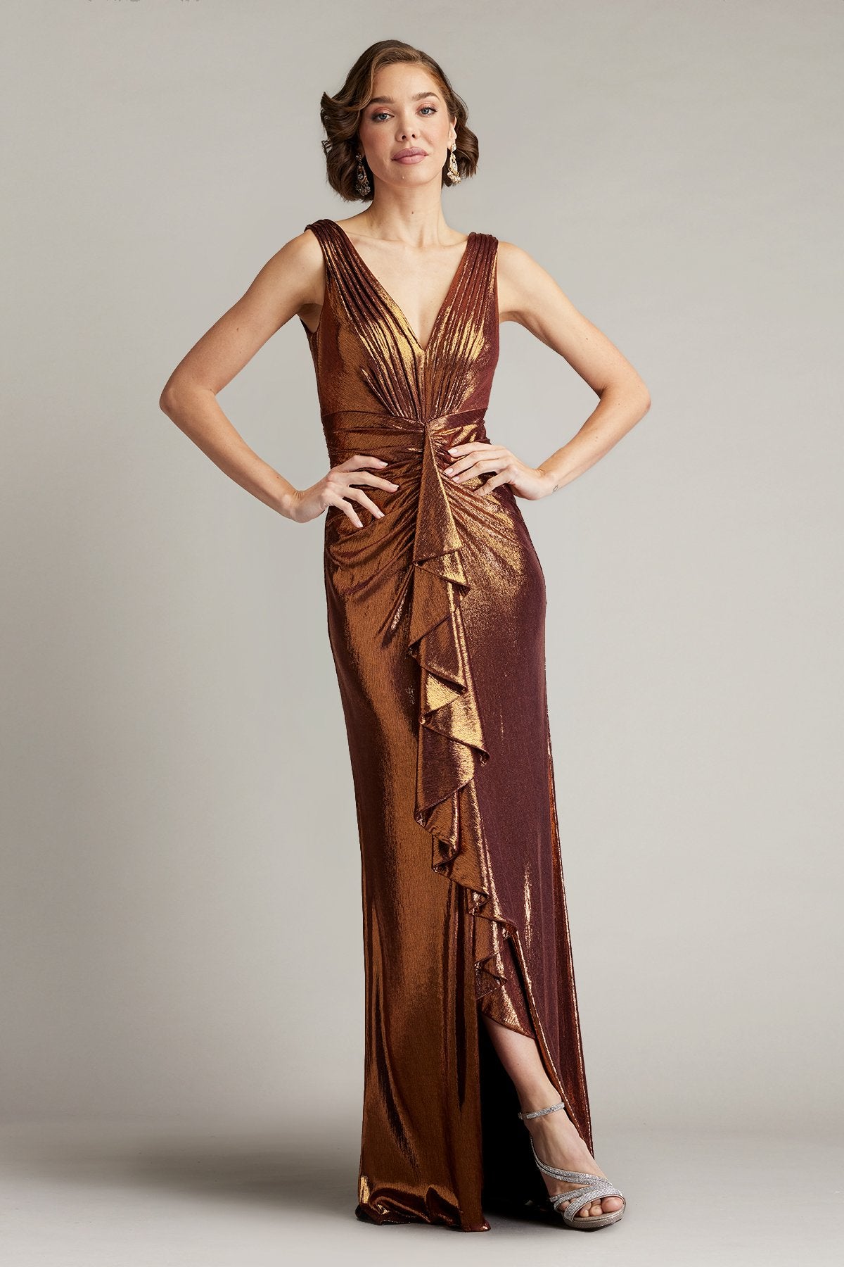 Tadashi Shoji - BSJ24432L - Metallic Waterfall Drape Gown Tadashi Shoji - BSJ24432L - Metallic Waterfall Drape Gown