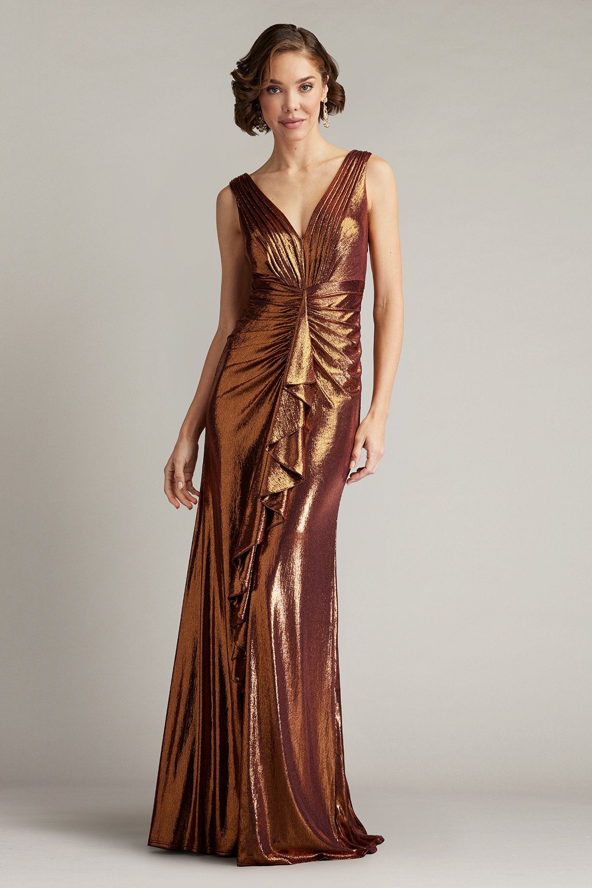 Tadashi Shoji Women's V-Neck Metallic Evening Gown - Brown - Gowns Tadashi Shoji Women's V-Neck Metallic Evening Gown - Brown - Gowns
