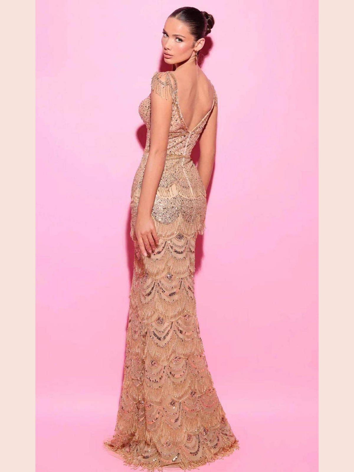 Tarik Ediz - 54052 - Cap-Sleeve Fringed Ornate Evening Gown Gold / 44 Tarik Ediz - 54052 - Cap-Sleeve Fringed Ornate Evening Gown Gold / 44