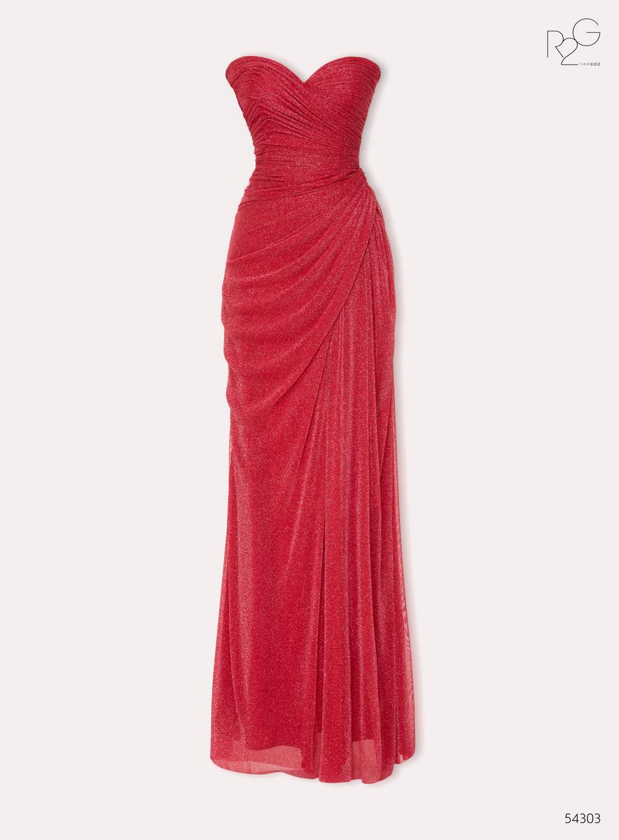 Red strapless gown on a white background