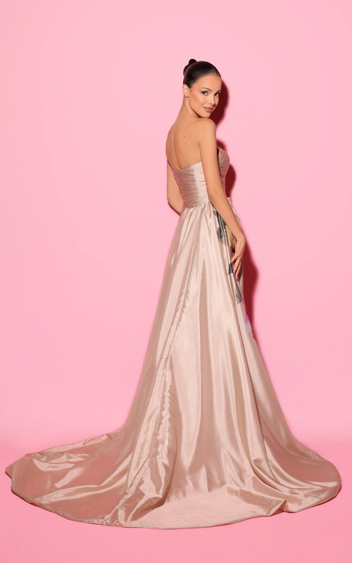 Tarik Ediz - 55112 - Strapless Ruched High-Slit Evening Gown