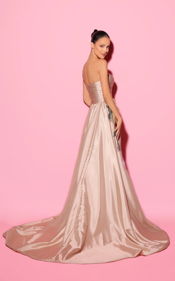 Tarik Ediz - 55112 - Strapless Ruched High-Slit Evening Gown