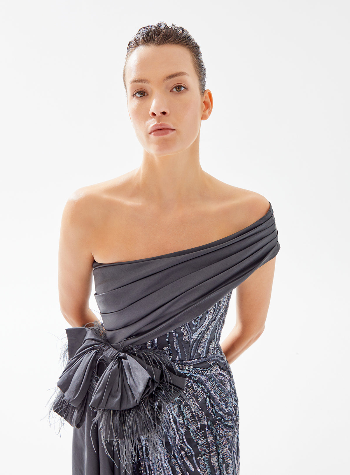 Tarik Ediz 98255 MILLIE Anthracite Off-Shoulder Contrast Dress - A stunning anthracite contrast dress with off-shoulder design, exquisite embroidery, and a charming bow for a sophisticated and captivating look.