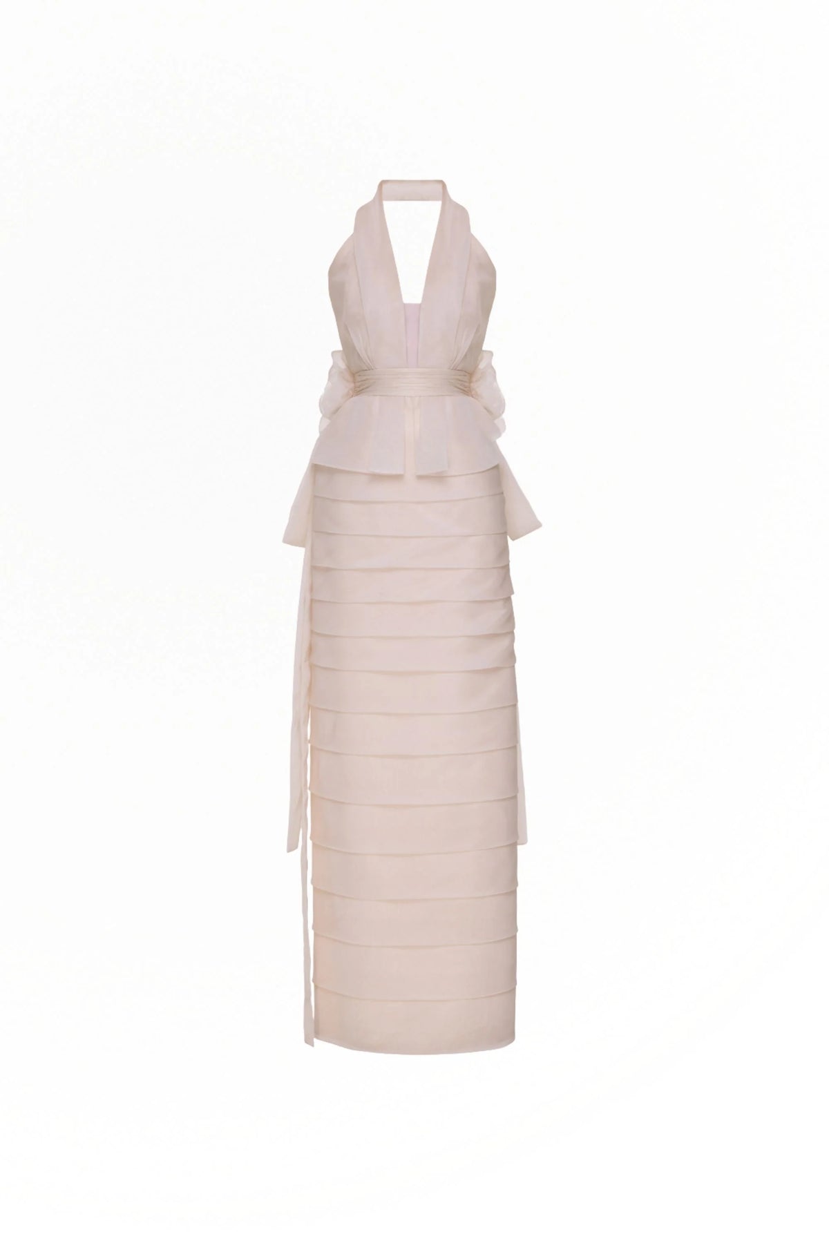 Tarik Ediz 98819 halter plunge neckline column gown with tiered skirt detailing, open back, floral accent, and long sash.