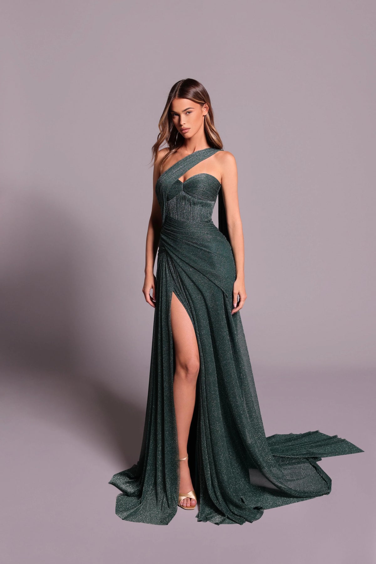 Tarik Ediz - 99041 - One-Shoulder Draped Gown with High Slit