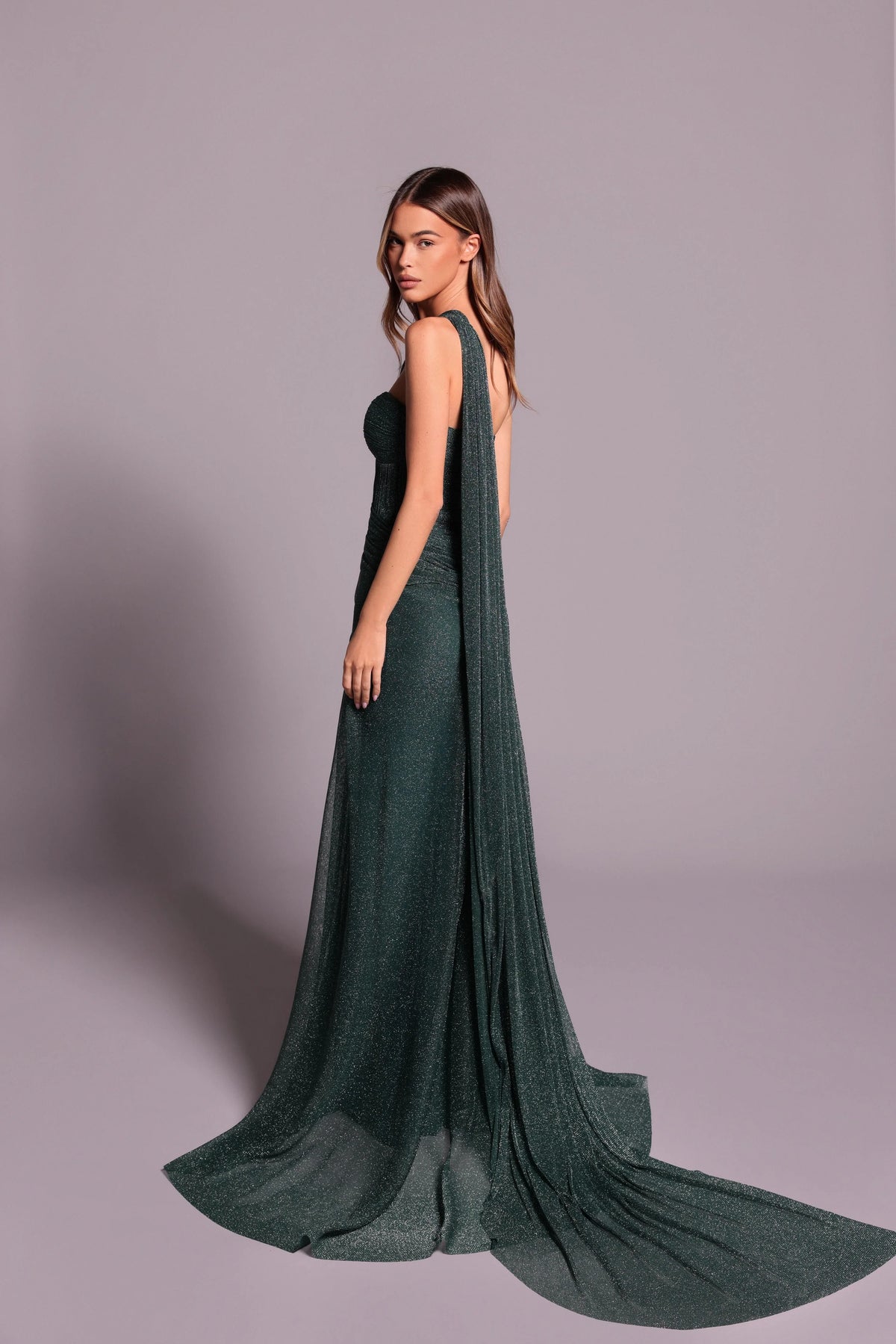 Tarik Ediz - 99041 - One-Shoulder Draped Gown with High Slit
