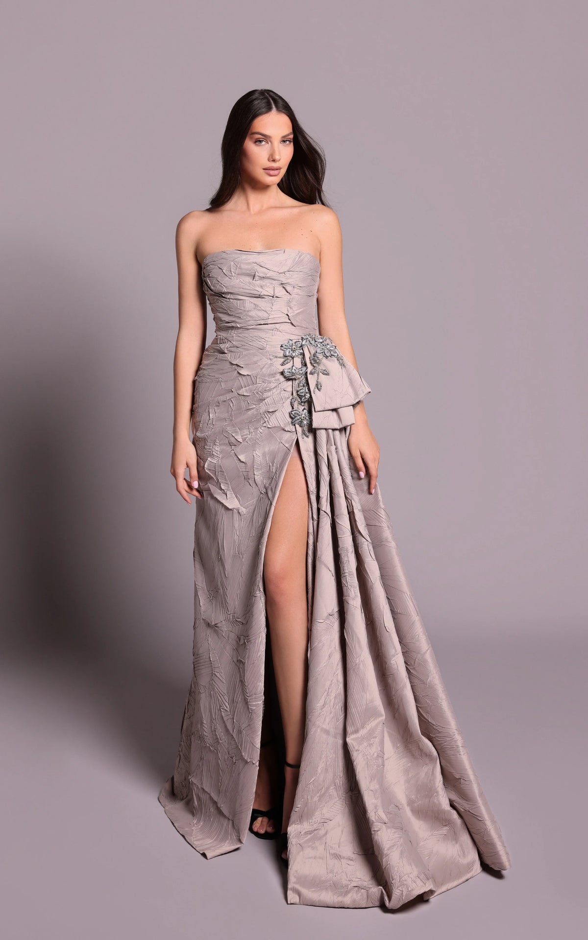 Tarik Ediz - 99105 - Draped Gown with High Slit and Embellished Waist