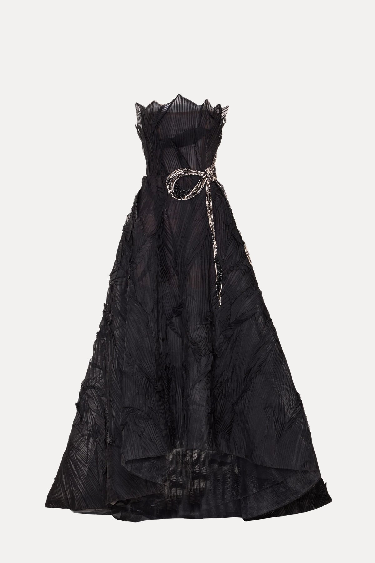 Black strapless gown with a belt on a white background