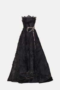 Black strapless gown with a belt on a white background