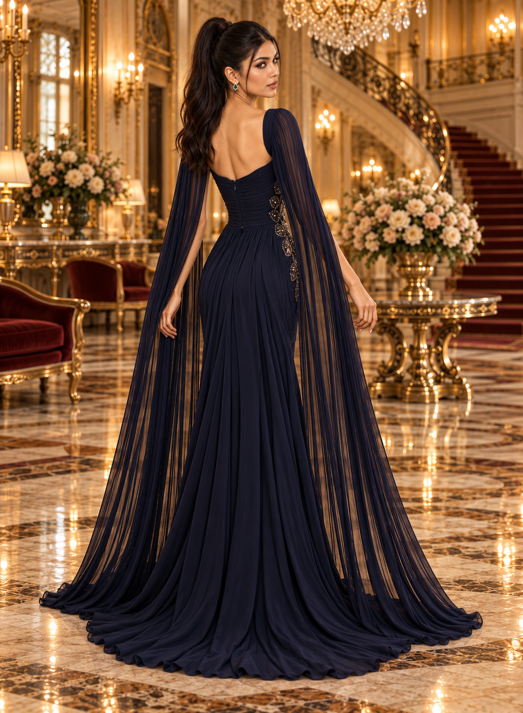 A woman stands in a grand, ornate ballroom wearing a floor-length navy gown with a sheer draped cape and a low open back. The room features gold-toned furniture, floral arrangements, a staircase, and chandeliers.
