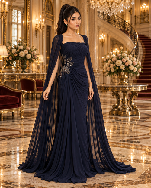 A woman stands in an ornate grand ballroom wearing a floor-length navy gown with a draped cape-like overlay, structured bodice, and embroidered floral detailing on the left side of the torso.