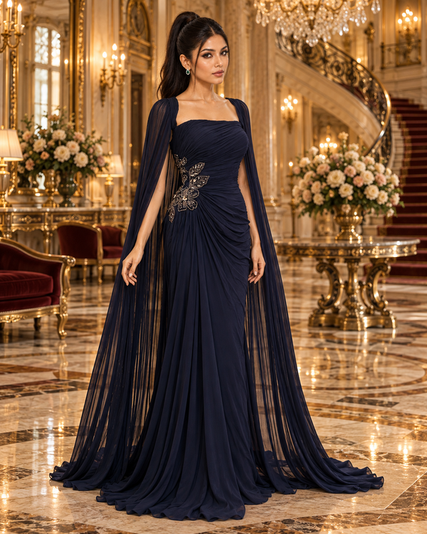 A woman stands in an ornate grand ballroom wearing a floor-length navy gown with a draped cape-like overlay, structured bodice, and embroidered floral detailing on the left side of the torso.