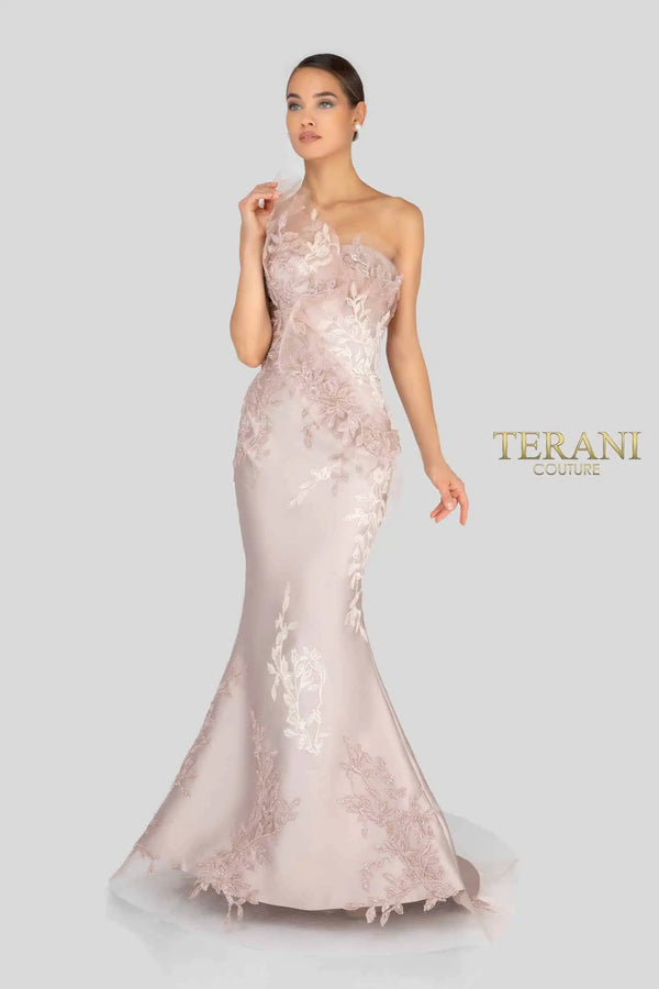 Terani 1911E9095 One Shoulder Lace Gown, a stunning gown with three-color lace and horsehair elements, ideal for special occasions and mothers of the bride or groom.