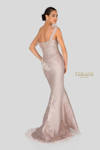 Terani 1911E9095 One Shoulder Lace Gown, a stunning gown with three-color lace and horsehair elements, ideal for special occasions and mothers of the bride or groom.