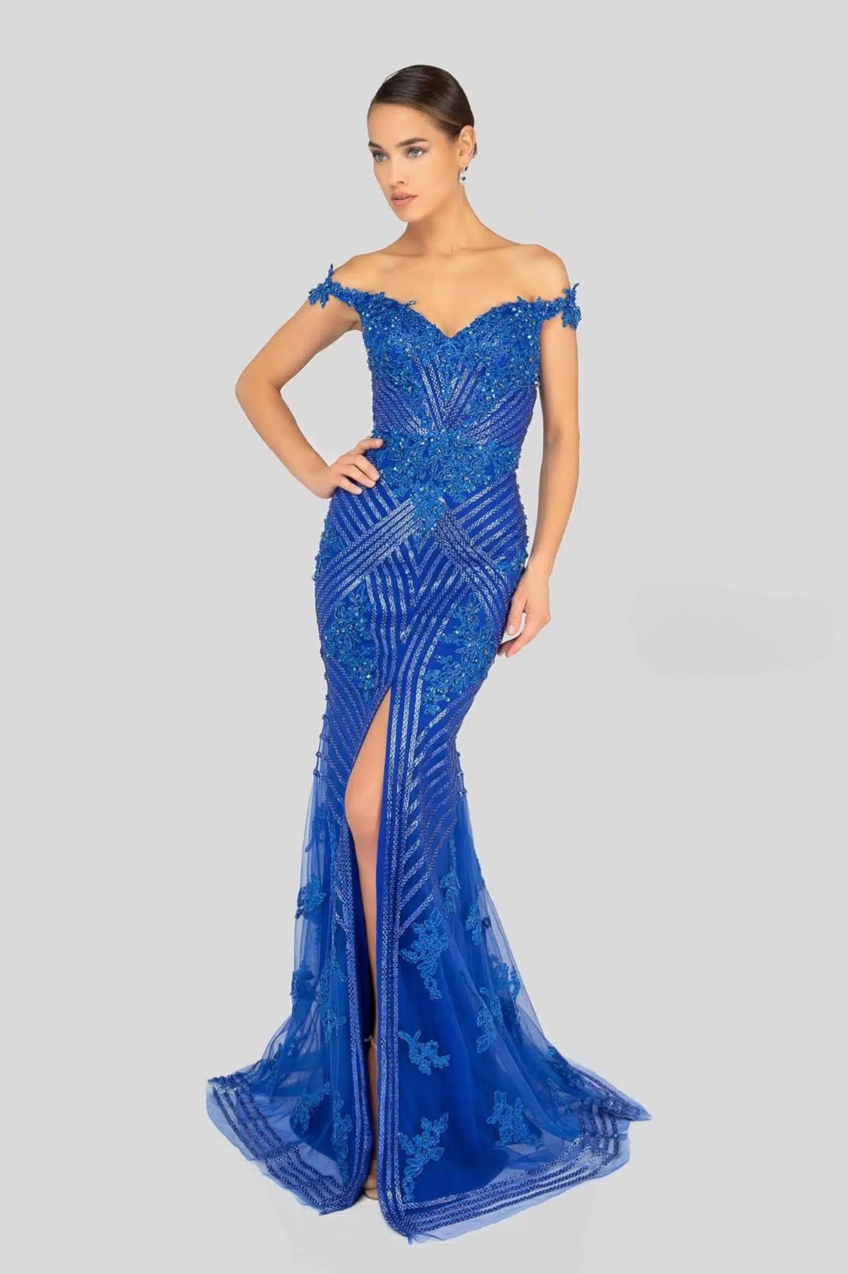 Elegant Terani Couture Evening Gown with Metallic Beaded Lace Appliqués | Perfect for Evening Events and Mother of the Bride/Groom | Madeline's Boutique - Toronto and Boca Raton, Florida Locations.  Model is wearing royal.